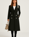 Briar | Belted Longline Coat - Double-Breasted Front - Statement Buttons - Notch Lapel Collar