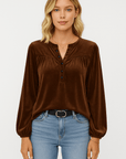 Meredith | Velvet Henley Blouse - Button Front Placket - Gathered Yoke Detail - Elastic Cuff Sleeves