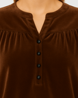 Meredith | Velvet Henley Blouse - Button Front Placket - Gathered Yoke Detail - Elastic Cuff Sleeves