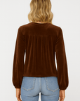 Meredith | Velvet Henley Blouse - Button Front Placket - Gathered Yoke Detail - Elastic Cuff Sleeves