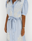 Zaria | Embroidered Midi Shirt Dress - Button Front Closure - Puff Sleeves - Self Tie Waist Belt