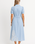 Zaria | Embroidered Midi Shirt Dress - Button Front Closure - Puff Sleeves - Self Tie Waist Belt