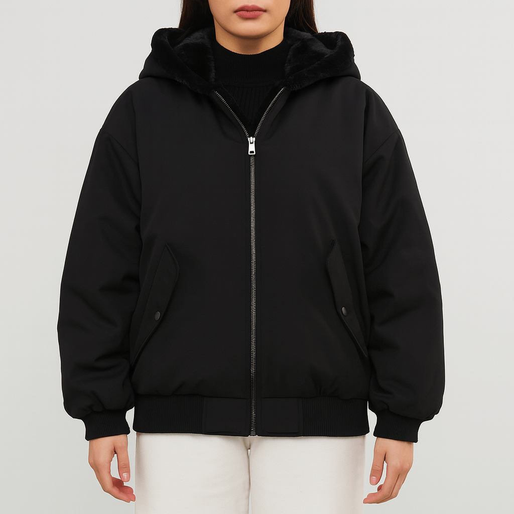 Meluvie | Oversized bomber jacket with plush hood