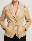Meluvie | Tailored Faux Leather Wrap Jacket