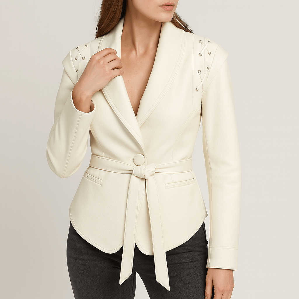 Meluvie | Tailored Faux Leather Wrap Jacket