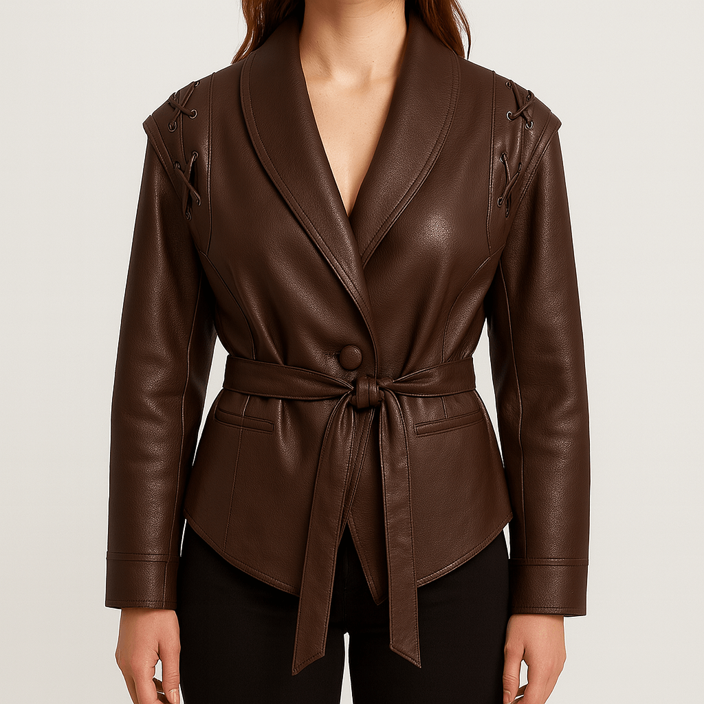 Meluvie | Tailored Faux Leather Wrap Jacket