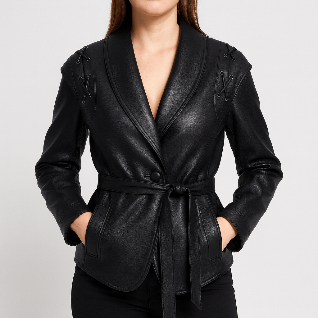Meluvie | Tailored Faux Leather Wrap Jacket