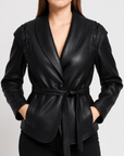 Meluvie | Tailored Faux Leather Wrap Jacket
