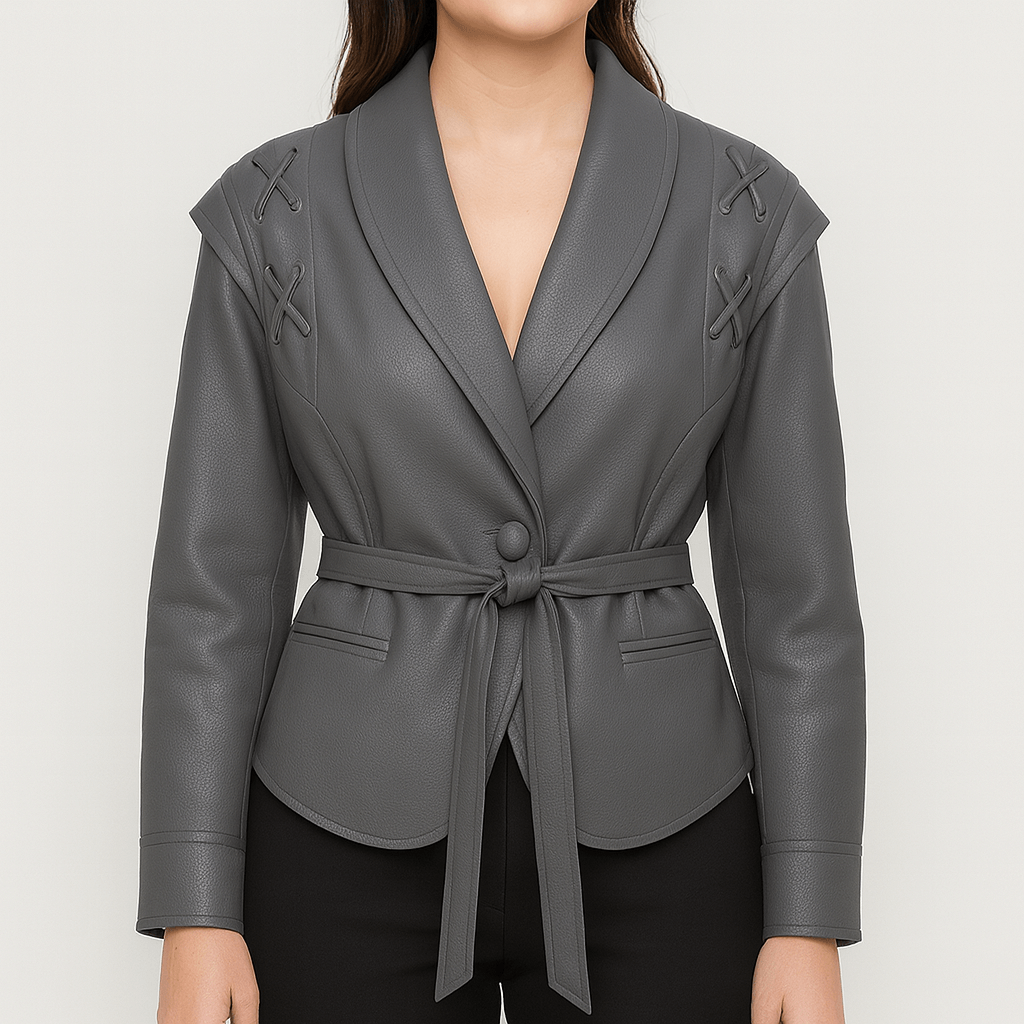 Meluvie | Tailored Faux Leather Wrap Jacket