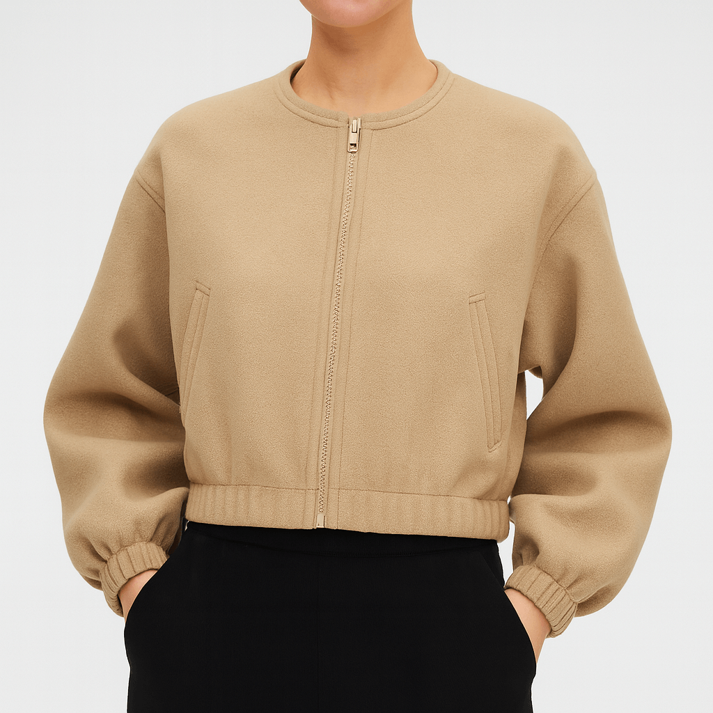 Meluvie | Cropped plush bomber jacket with balloon sleeves