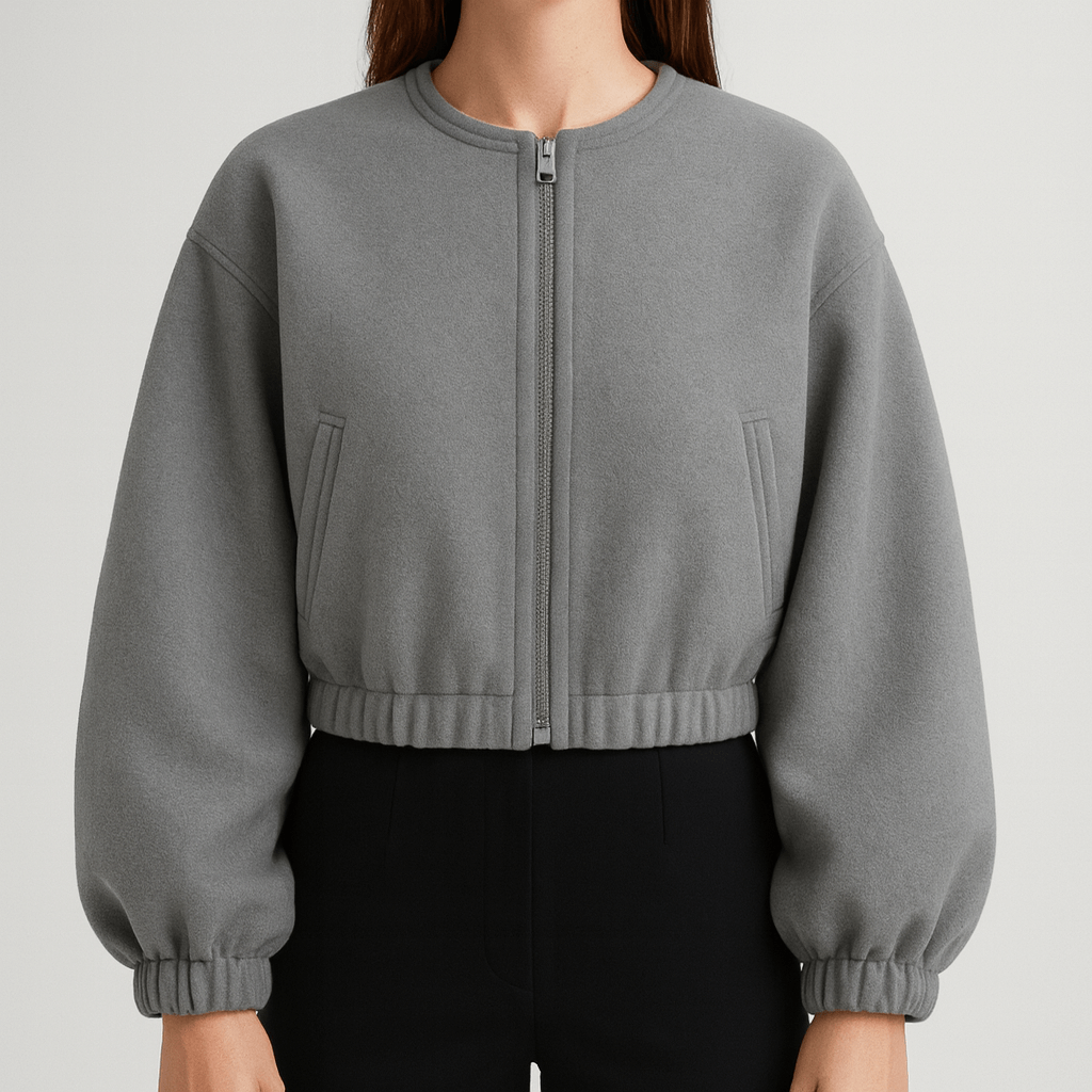 Meluvie | Cropped plush bomber jacket with balloon sleeves
