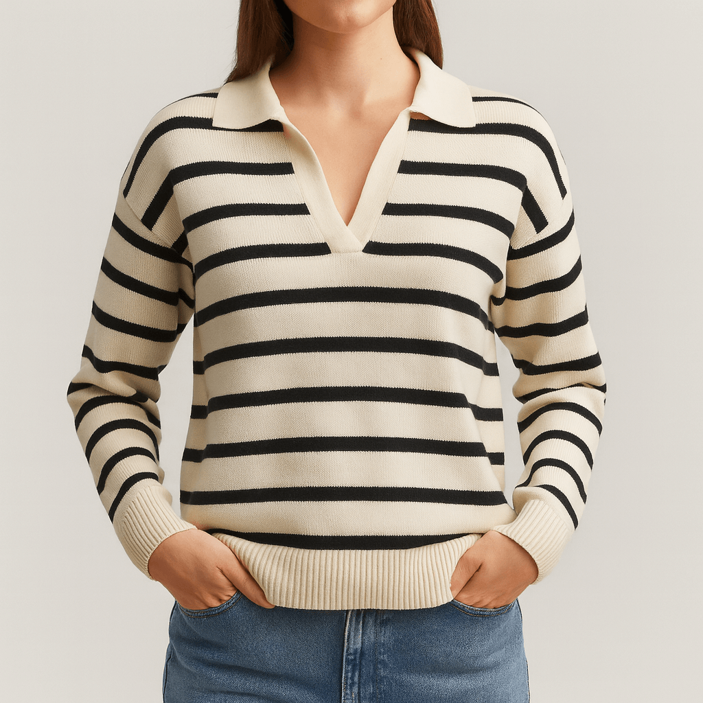 Meluvie | Women's Striped Knit Sweater – Collared V-Neck Design – Cozy & Versatile for Casual Wear