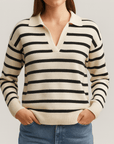 Meluvie | Women's Striped Knit Sweater – Collared V-Neck Design – Cozy & Versatile for Casual Wear