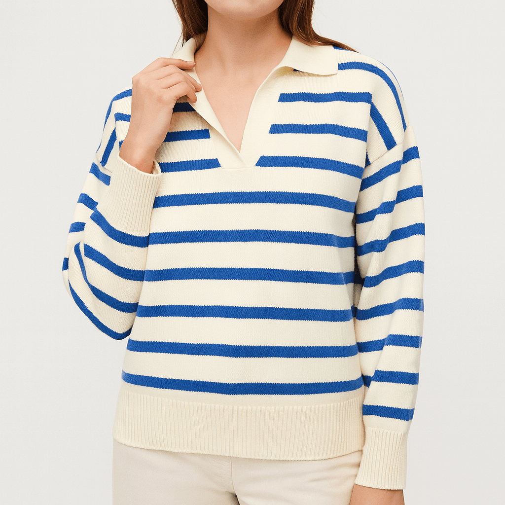 Meluvie | Women's Striped Knit Sweater – Collared V-Neck Design – Cozy & Versatile for Casual Wear