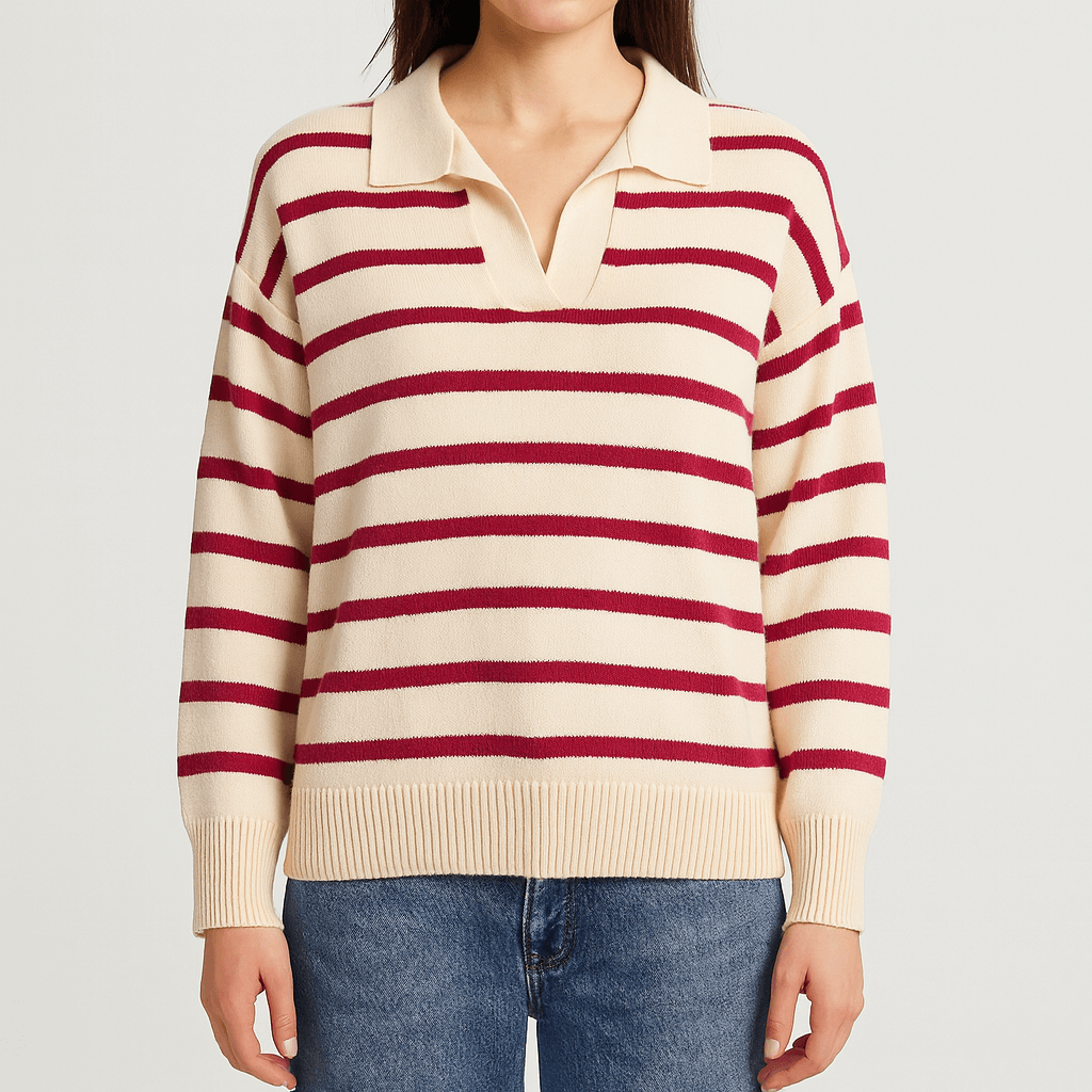 Meluvie | Women's Striped Knit Sweater – Collared V-Neck Design – Cozy & Versatile for Casual Wear