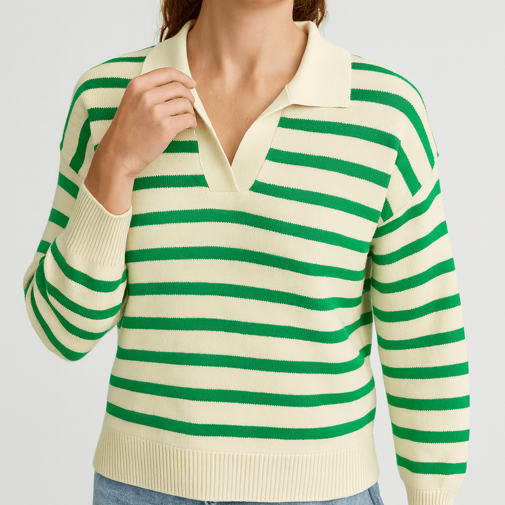 Meluvie | Women's Striped Knit Sweater – Collared V-Neck Design – Cozy & Versatile for Casual Wear