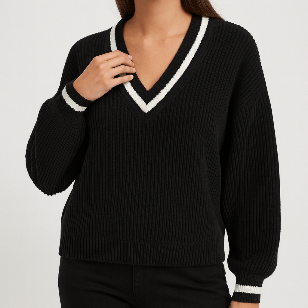 Meluvie | Women's Striped V-Neck Sweater – Relaxed Fit – Chic & Comfortable for Fall/Winter