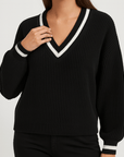 Meluvie | Women's Striped V-Neck Sweater – Relaxed Fit – Chic & Comfortable for Fall/Winter
