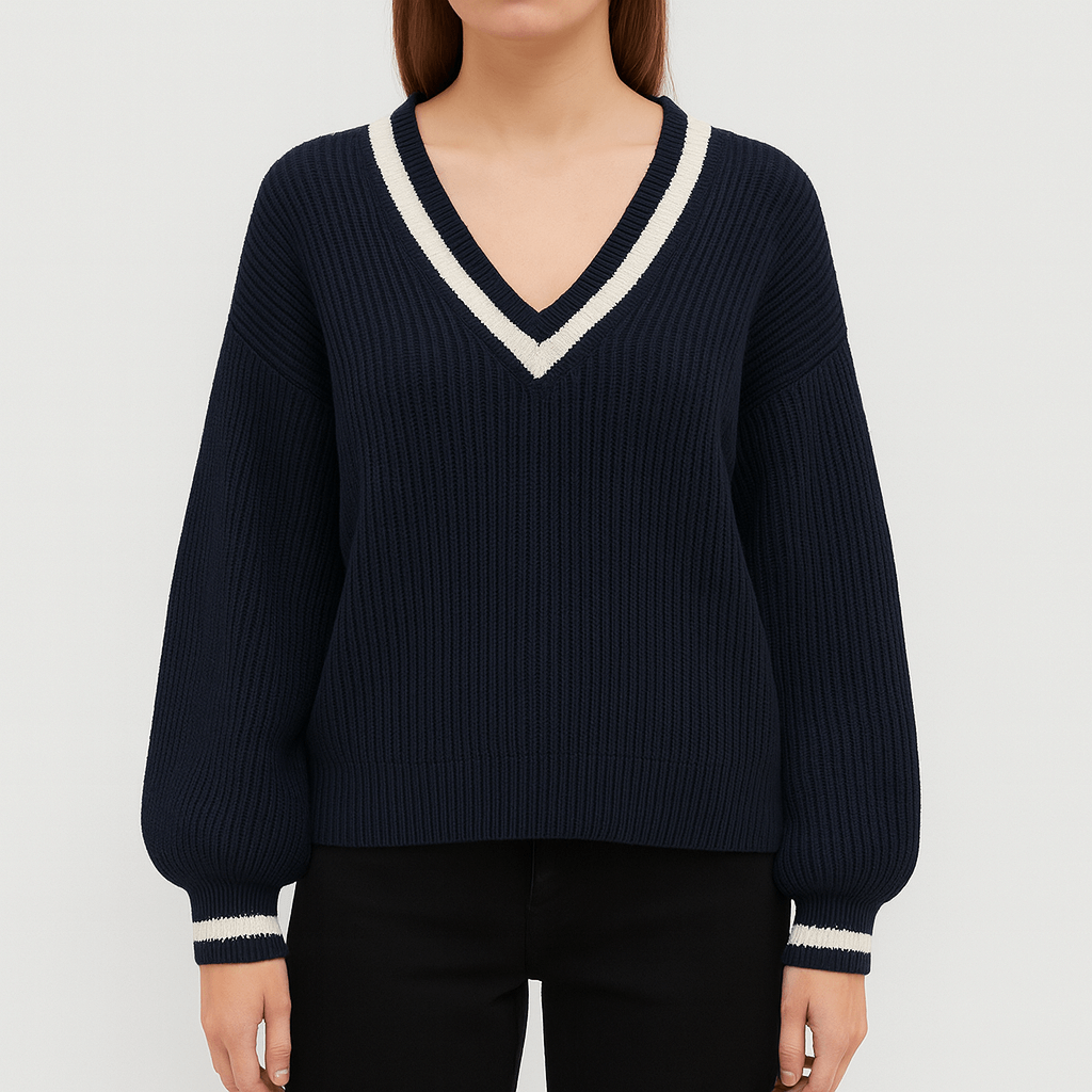 Meluvie | Women's Striped V-Neck Sweater – Relaxed Fit – Chic & Comfortable for Fall/Winter