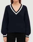 Meluvie | Women's Striped V-Neck Sweater – Relaxed Fit – Chic & Comfortable for Fall/Winter