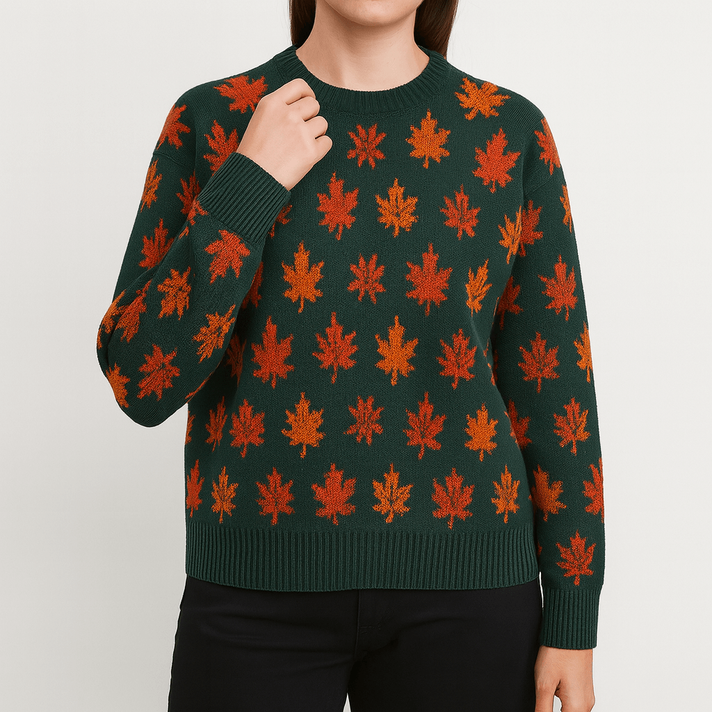 Meluvie | Women's Sweater – Autumn Leaf Pattern – Cozy Round Neck Knit