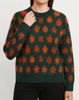 Meluvie | Women's Sweater – Autumn Leaf Pattern – Cozy Round Neck Knit