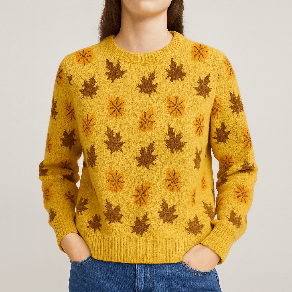 Meluvie | Women's Sweater – Autumn Leaf Pattern – Cozy Round Neck Knit