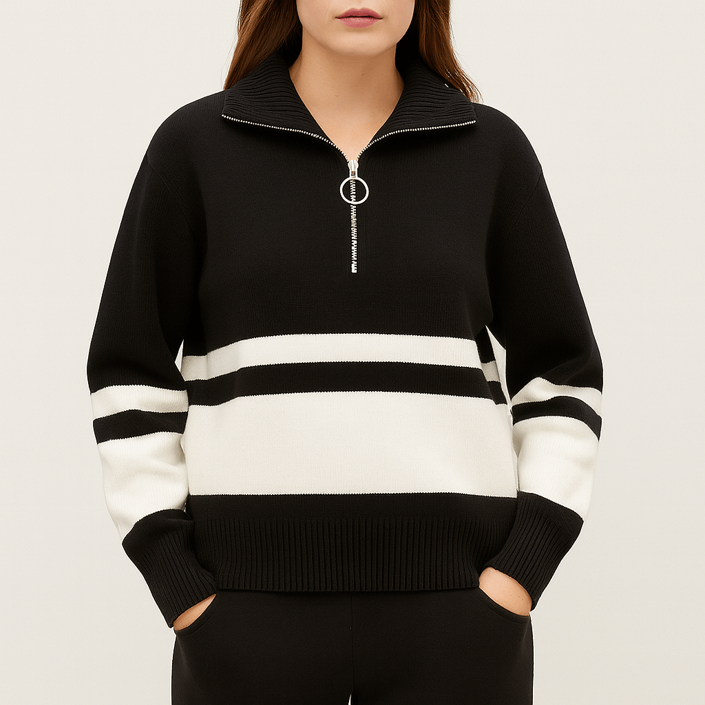 Meluvie | Women's Striped Quarter Zip Pullover Sweater – Cozy Knit with Ribbed Cuffs