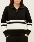 Meluvie | Women's Striped Quarter Zip Pullover Sweater – Cozy Knit with Ribbed Cuffs