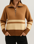 Meluvie | Women's Striped Quarter Zip Pullover Sweater – Cozy Knit with Ribbed Cuffs