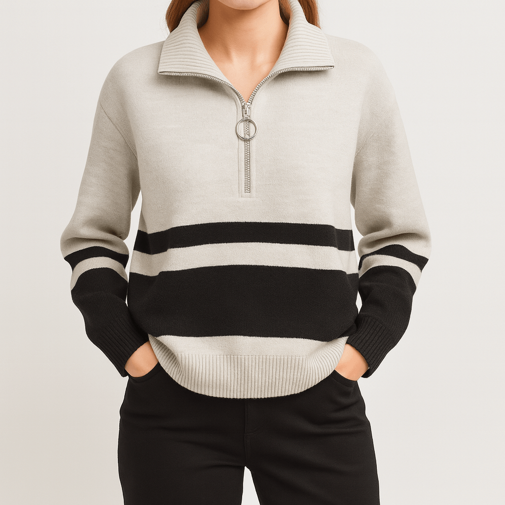 Meluvie | Women's Striped Quarter Zip Pullover Sweater – Cozy Knit with Ribbed Cuffs