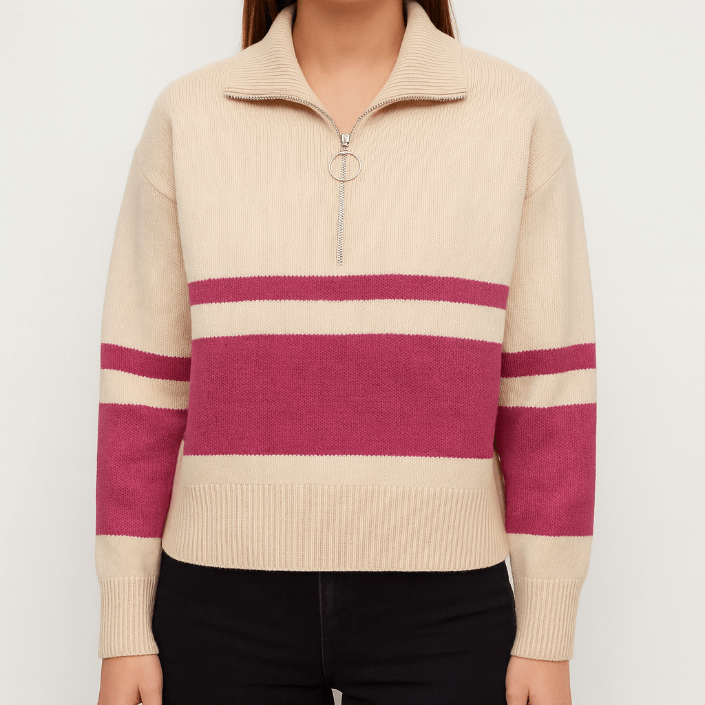 Meluvie | Women's Striped Quarter Zip Pullover Sweater – Cozy Knit with Ribbed Cuffs