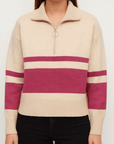 Meluvie | Women's Striped Quarter Zip Pullover Sweater – Cozy Knit with Ribbed Cuffs