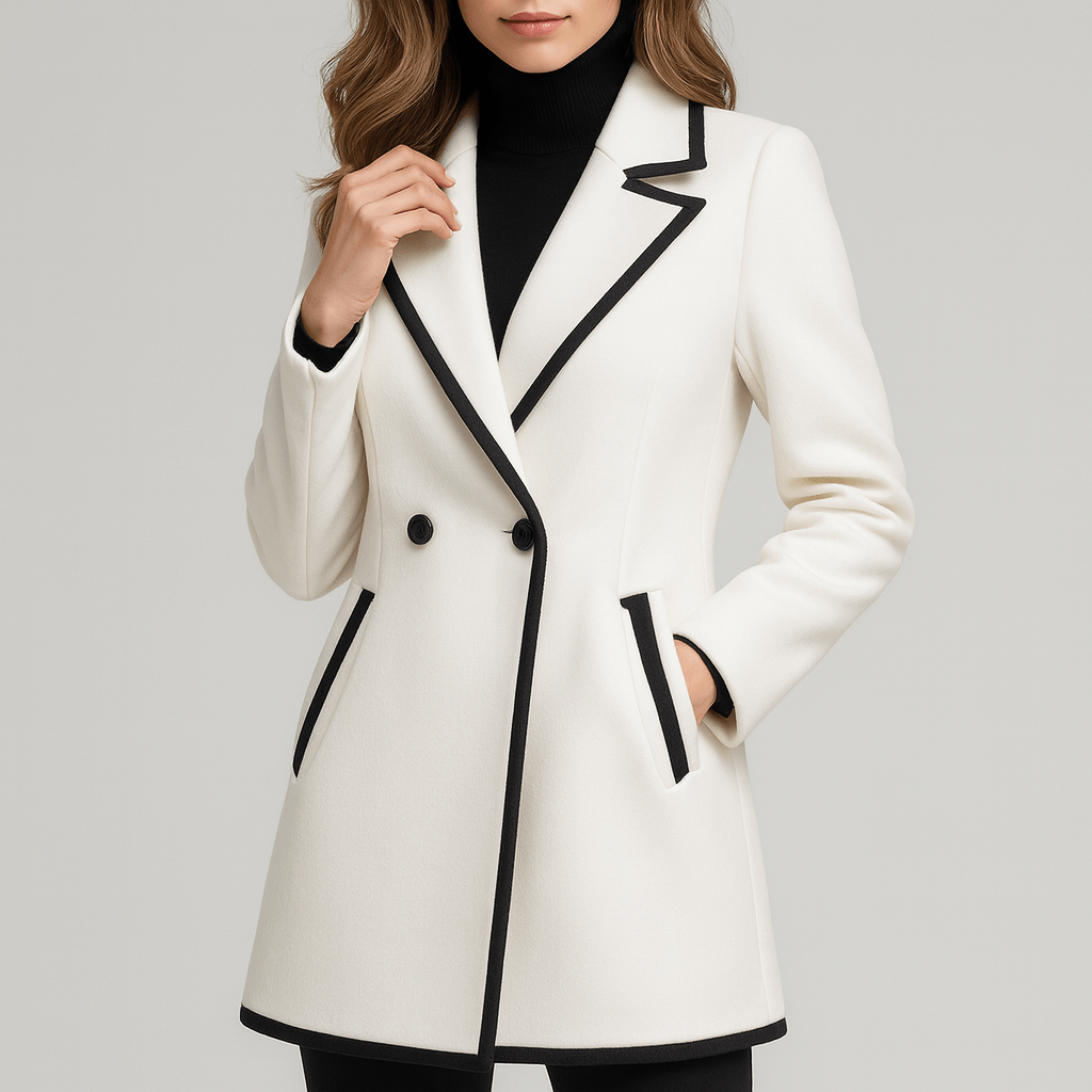 Meluvie | Double-breasted white coat with black trim