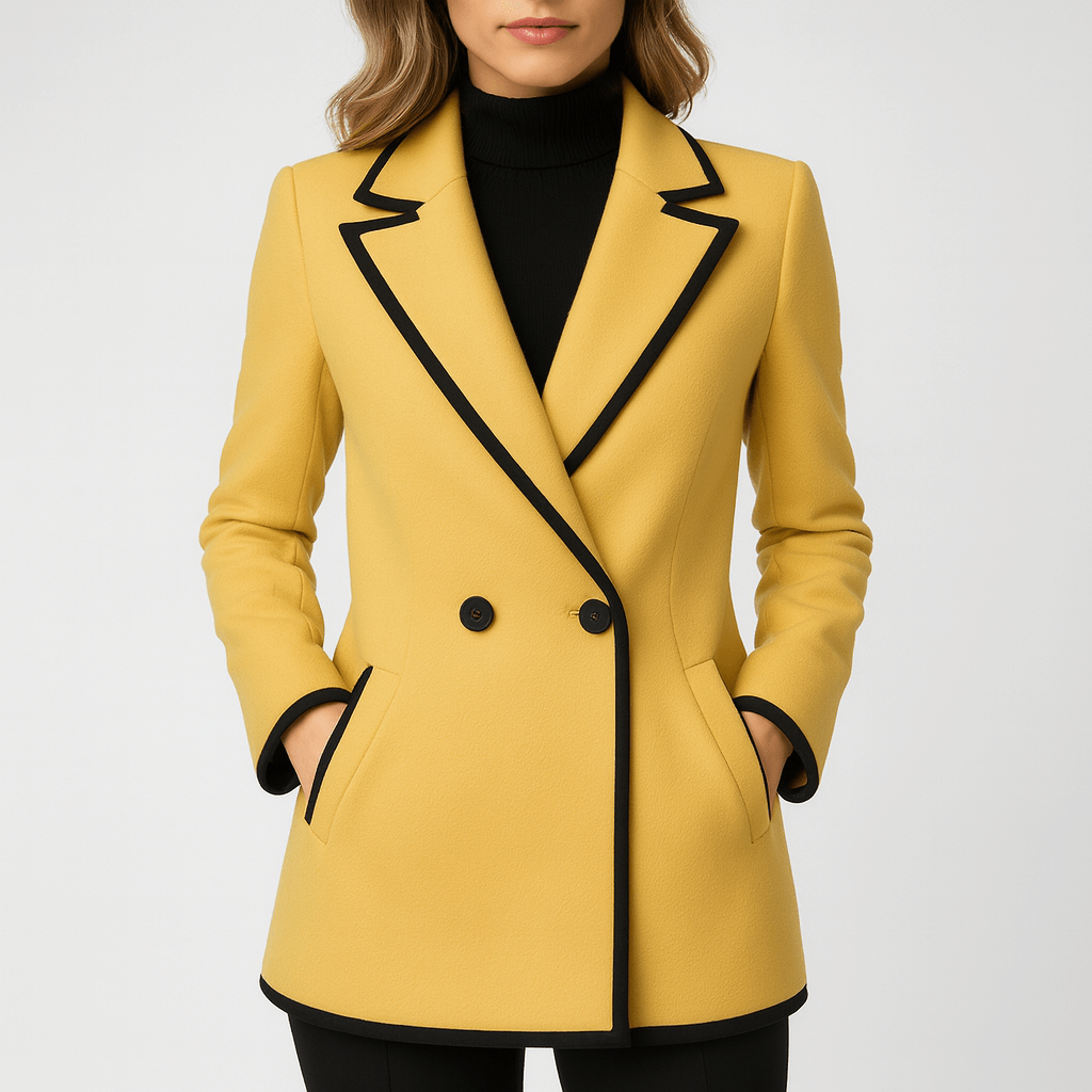 Meluvie | Double-breasted white coat with black trim