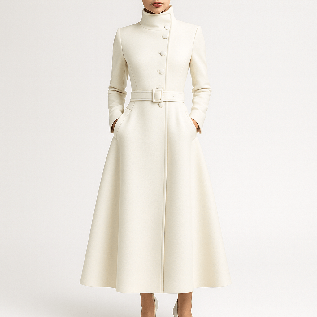 Meluvie | Tailored long wool blend coat with high collar and belt