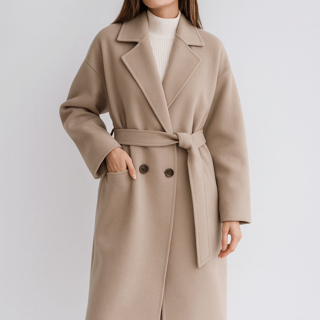 Meluvie | Oversized polyester coat with narrow collar and belt