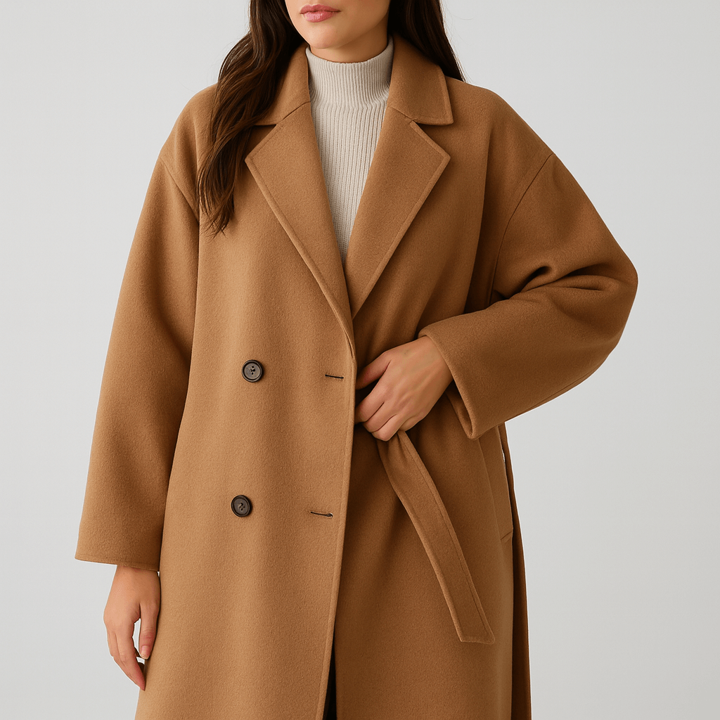 Meluvie | Oversized polyester coat with narrow collar and belt