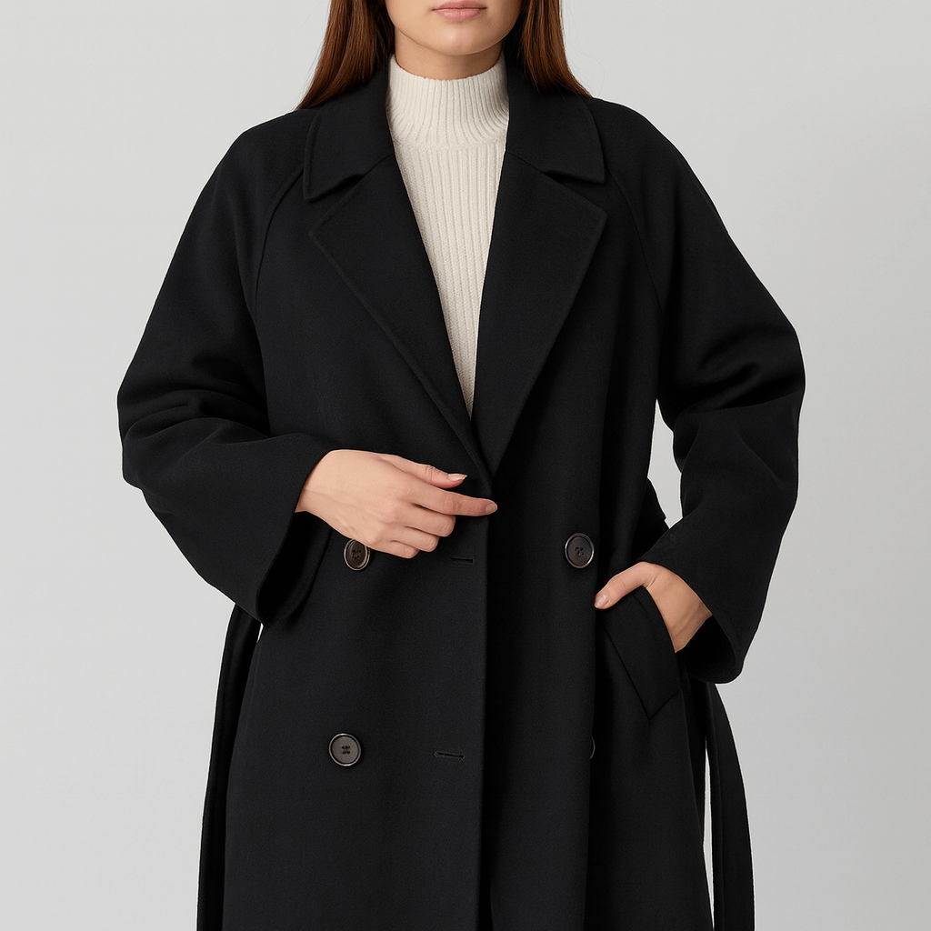 Meluvie | Oversized polyester coat with narrow collar and belt