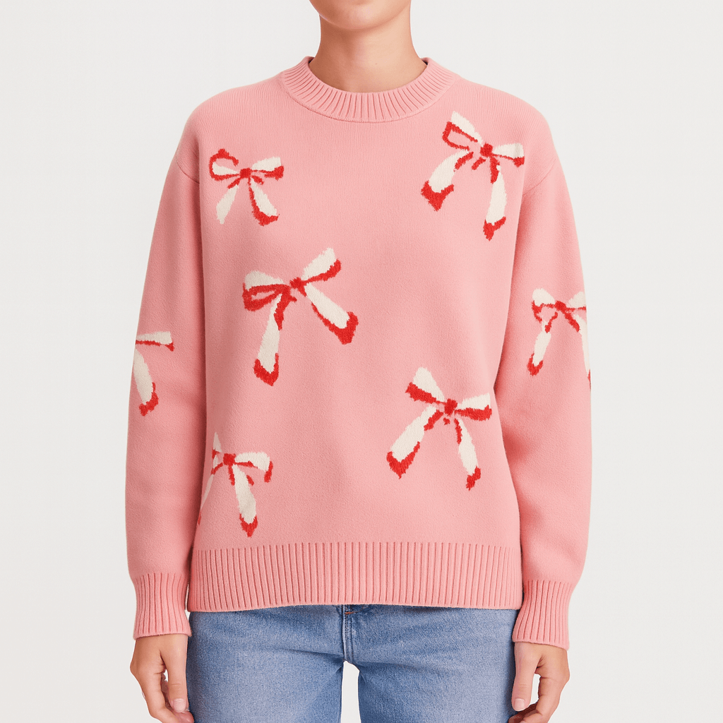 Meluvie | Oversized wool knit sweater with jacquard bow pattern