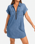 Violet | Women’s Denim Shirt Dress - Front Zip Closure - Rolled Short Sleeves