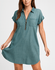 Violet | Women’s Denim Shirt Dress - Front Zip Closure - Rolled Short Sleeves