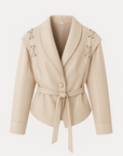 Taliyah | Faux Leather Wrap Jacket - Lace-Up Shoulder Detail - Tie Waist Belt - Shawl Collar