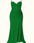 Yvette | Evening Gown - Spaghetti Strap Bodice - High Side Slit - Ruched Waist Detail