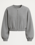 Clementine | Zip-Up Wool Bomber Jacket - Elastic Hem - Side Welt Pockets - Balloon Sleeves        Formulează o solicitare către ChatGPT