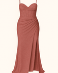 Yvette | Evening Gown - Spaghetti Strap Bodice - High Side Slit - Ruched Waist Detail