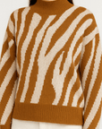 Dahlia | Zebra Print Knit Sweater - Mock Neck - Long Sleeve - Ribbed Hem