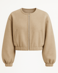 Clementine | Zip-Up Wool Bomber Jacket - Elastic Hem - Side Welt Pockets - Balloon Sleeves        Formulează o solicitare către ChatGPT