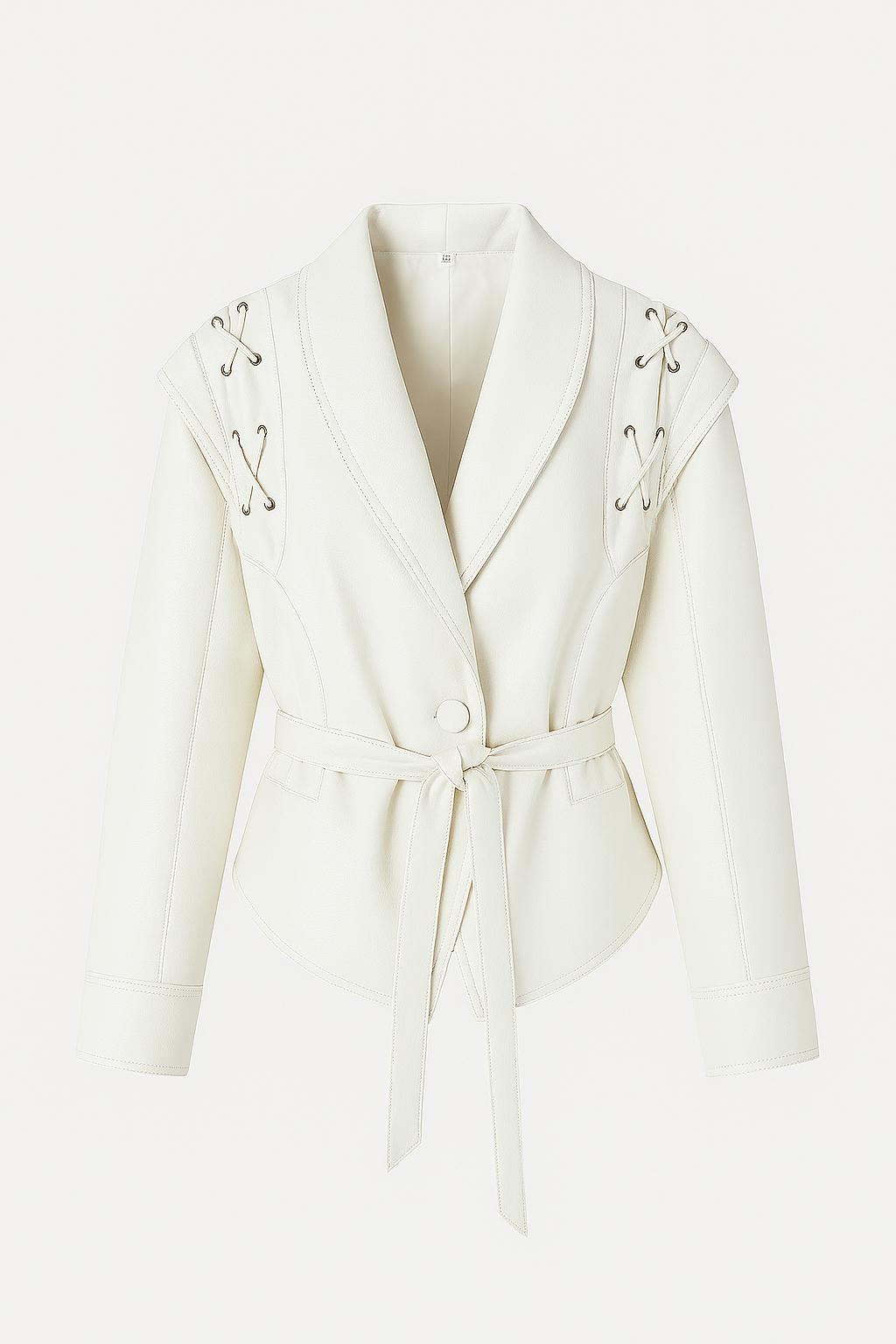 Taliyah | Faux Leather Wrap Jacket - Lace-Up Shoulder Detail - Tie Waist Belt - Shawl Collar