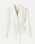 Taliyah | Faux Leather Wrap Jacket - Lace-Up Shoulder Detail - Tie Waist Belt - Shawl Collar